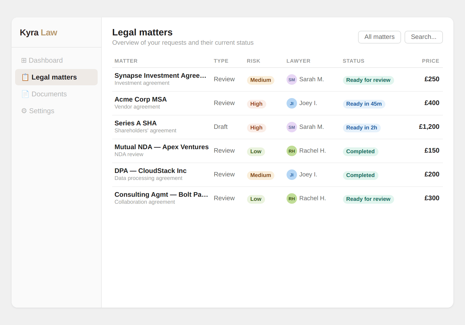 Client portal with legal matters
